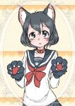  +_+ 1girl alternate_costume animal_ears animal_hands black_hair blue_eyes blue_skirt blush bow bowtie cat_ears cat_girl collar eyebrows_visible_through_hair gloves highres kaban_(kemono_friends) kemono_friends kemonomimi_mode looking_at_viewer no_hat no_headwear paw_gloves paw_pose pleated_skirt red_bow red_bowtie red_collar sailor_collar school_uniform serafuku shirt short_hair skirt solo sparkle white_shirt yakorou-san 