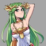  1girl bare_shoulders breasts closed_mouth commentary dress gingrjoke green_eyes green_hair grey_background hand_in_hair highres jewelry kid_icarus kid_icarus_uprising large_breasts long_hair looking_at_viewer necklace palutena pendant smile solo strapless strapless_dress tiara very_long_hair 