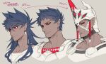  1boy age_progression bald black_sclera colored_sclera cropped_shoulders dark-skinned_male dark_skin earrings fate/grand_order fate_(series) height_difference highres jewelry koshiro_itsuki lip_piercing male_focus piercing red_eyes romulus_(fate) romulus_quirinus_(fate) translation_request 