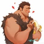  1boy absurdres arm_hair banana bara beard biceps blush brown_hair chest_hair eyebrow_cut facial_hair food from_side fruit heart highres long_sideburns male_focus mature_male muscular muscular_male original pectoral_cleavage pectorals powerlesssong short_hair sideburns smile solo stubble tribal upper_body 