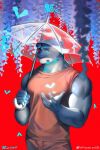  1boy absurdres animal_ears bara cow_ears cow_horns cowboy_shot furry furry_male highres holding holding_umbrella horns large_pectorals male_focus minotaur muscular muscular_male orange_tank_top original pectorals powerlesssong solo tank_top transparent transparent_umbrella umbrella 