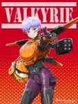  1girl absurdres apex_legends armor birthright_valkyrie bodysuit brown_eyes character_name contrapposto cowboy_shot gloves headwear_removed helmet helmet_removed highres holding holding_helmet jetpack leaning_forward missile_pod pointing purple_bodysuit purple_gloves short_hair silver_hair smile solo twitter_username uncleduk v-shaped_eyebrows valkyrie_(apex_legends) 