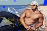  1boy abs absurdres bara beard black_hair facial_hair highres large_pectorals looking_at_viewer male_focus mature_male milestone_celebration multicolored_hair muscular muscular_male nipples original pectorals powerlesssong short_hair sideburns smile solo stomach topless_male two-tone_hair white_hair 