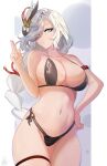  1girl absurdres bikini blue_eyes braid braided_ponytail breasts genshin_impact hair_over_one_eye highres large_breasts long_hair looking_at_viewer multicolored_hair navel shenhe_(genshin_impact) silver_hair solo standing stomach swimsuit unstableboiler very_long_hair white_hair 