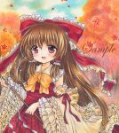  1girl :d autumn autumn_leaves blue_skirt blush bow bowtie breasts brown_hair cowboy_shot detached_sleeves eyebrows_visible_through_hair frilled_bow frilled_hair_tubes frilled_sleeves frills gohei hair_between_eyes hair_bow hair_tubes hakurei_reimu holding holding_stick leaf_print looking_at_viewer marker_(medium) open_mouth orange_background outdoors print_sleeves red_bow red_eyes red_ribbon red_shirt red_skirt ribbon ribbon-trimmed_sleeves ribbon_trim rui_(sugar3) sample shirt skirt sleeve_ribbon sleeveless sleeveless_shirt small_breasts smile solo standing stick touhou traditional_media tree wide_sleeves yellow_bow yellow_bowtie 