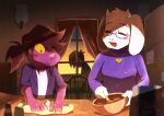 absurdres animal_ears bowl colored_skin deltarune dough glasses goat_ears goat_girl goat_horns hair_over_one_eye heart heart_necklace highres horns jacket jewelry kitchen kneading kris_(deltarune) looking_at_another monster_girl necklace ponytail purple_skin smile spoilers susie_(deltarune) sweater toriel turtleneck turtleneck_sweater watawata22 window yellow_eyes 
