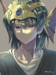  1boy dragon_quest dragon_quest_iv eyelashes frown green_hair head_wings headpiece hero_(dq4) looking_at_viewer macho_ojiji male_focus medium_hair portrait purple_eyes serious simple_background slime_(creature) solo twitter_username 