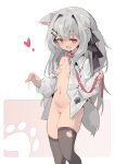  1girl absurdres animal_ears bangs black_legwear blush bottomless breasts collar dog_ears dog_girl dog_tail eyebrows_visible_through_hair grey_hair grey_shirt hair_ornament hairband hairclip heart highres holding holding_leash iyasu_shikaku leash long_hair long_sleeves looking_at_viewer navel one_breast_out open_clothes open_mouth open_shirt original paw_print pink_eyes pussy pussy_juice red_collar shirt simple_background small_breasts solo tail thighhighs 
