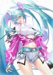  1girl :d absurdly_long_hair armpit_cutout bangs bare_legs belt belt_buckle blue_belt blue_eyes blue_hair blush breasts buckle character_name chinese_commentary clothing_cutout commentary_request crop_top fingerless_gloves floating_hair gloves groin hair_between_eyes hair_ornament hatsune_miku highres holding jacket long_hair looking_at_viewer midriff navel open_clothes open_jacket partially_unzipped pink_jacket shiny shiny_hair short_shorts shorts small_breasts smile solo standing stomach twintails very_long_hair vieny vocaloid white_background white_gloves white_shorts 