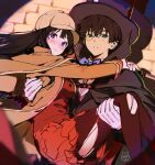  1girl alternate_costume artist_logo bangs black_cape black_hair black_headwear blush bow bowtie brick_wall brown_capelet brown_hair brown_jacket brown_skirt cape capelet carrying chitanda_eru detective feet_out_of_frame gloves hat highres hyouka jacket long_hair mery_(yangmalgage) monocle oreki_houtarou parted_lips princess_carry purple_bow purple_bowtie purple_eyes short_hair skirt teeth top_hat torn_clothes torn_legwear wavy_mouth white_gloves 