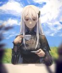  1girl absurdres bangs black_capelet black_dress blue_sky blurry blurry_foreground capelet closed_mouth cloud cup dress echidna_(re:zero) eyebrows_visible_through_hair hair_between_eyes hair_ornament highres holding holding_cup long_hair long_sleeves looking_at_viewer re:zero_kara_hajimeru_isekai_seikatsu red_eyes signature silver_hair sitting sky smile solo table teacup upper_body very_long_hair zieru 