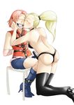  artist_request ball_gag ballgag bdsm blonde_hair bondage boots bound dildo gag haruno_sakura kibate naruto pink_hair strap-on yamanaka_ino yuri 