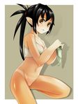  bad_id bad_pixiv_id bikini_tan black_hair blush bottomless brown_eyes brown_hair cleft_of_venus copyright_request facial_mark frame from_side groin holding holding_panties legs light_smile long_hair looking_at_viewer navel panties panties_removed parted_lips pointy_ears ponytail shadow shiny shiny_hair shiny_skin slit_pupils solo tan tank_top tanline topo_(bacchustab) underwear underwear_only 