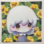  1girl artist_name bangs black_eyes collared_dress dated dress expressionless flower gradient_eyes highres leaf multicolored multicolored_eyes no_nose original pansy photo short_hair signature solo upper_body white_hair yellow_eyes yellow_flower zukky000 