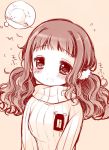  1girl animal bangs bird blush breasts commentary_request eyebrows_visible_through_hair flying_sweatdrops higanbana_no_saku_yoru_ni kusunoki_midori long_hair medium_breasts monochrome parted_lips ribbed_sweater safety_pin sakurazawa_izumi sepia solo spoken_animal sweater tears turtleneck turtleneck_sweater upper_body wavy_mouth 