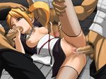  blonde_hair breasts brown_eyes censored chains fellatio fishnet_legwear fishnet_stockings fishnets foursome gangbang group_sex handjob hetero jewelry leg_lift legwear necklace ninja noraneko_koubou nyamota_(noraneko_koubou) one_eye_closed oral penis ponytail sex straight sumomomo_momomo thighhighs uniform vaginal wink 