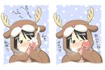  1girl black_hair blush brown_eyes censored costume cum ejaculation handjob hetero ichigo_mashimaro itou_nobue licking makarou one_eye_closed penis reindeer short_hair tongue two-handed_handjob veins veiny_penis 