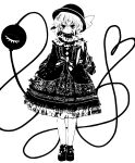  1341398tkrtr 1girl :/ bangs commentary diamond_shaped_buttons dress expressionless eyebrows_visible_through_hair full_body gothic_lolita hair_between_eyes hat heart heart_of_string highres holding holding_knife knife komeiji_koishi lolita_fashion looking_at_viewer monochrome shoes short_hair solo standing third_eye touhou 