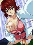  1girl blush breast_grab breasts brown_hair censored cowgirl_position dutch_angle grabbing green_eyes happy_sex highres indoors infirmary labcoat mikado_ryouko milf mosaic_censoring no_bra nurse one_breast_out open_clothes open_shirt panties panties_aside penis pov pov_eye_contact purple_fingernails purple_panties pussy school_nurse self_fondle sex shirt short_hair smile smiling spread_legs straddle straddling sweat thighhighs to_love-ru toloveru underwear vaginal 
