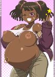  ayukawa_miyuki bandage basquash! breasts dark_skin fingerless_gloves gloves large_breasts navel navel_piercing nipple_piercing nipples no_bra no_panties oekaki piercing pregnant pussy smile tenseiani twintails uncensored v wink 