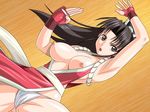  1girl bangs breasts breasts_outside brown_eyes brown_hair dutch_angle fingerless_gloves gloves king_of_fighters little_cheat-ya long_hair looking_at_viewer lying medium_breasts no_bra open_mouth panties ponytail shiranui_mai sideboob small_nipples snk solo underwear 