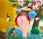  anus ass bag between_breasts blue_(pokemon) breasts brown_eyes brown_hair bulbasaur drowzee error forest from_behind gen_1_pokemon hat highres kakuna long_hair looking_back loose_socks mankey medium_breasts nature nintendo open_mouth pokemoa pokemon pokemon_(creature) porkpie_hat pussy running shoes skirt sneakers socks tank_top third-party_edit upskirt venomoth victreebel wristband 