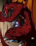  1girl bestiality black_hair blue_skin dragon dragon_(monster_farm) handjob hetero huge_penis lilim_(monster_farm) monster_farm oral penis red_eyes saliva shi_yusu wings 