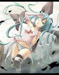  aqua_eyes aqua_hair asymmetrical_clothes bow bow_panties cross elbow_gloves gloves hair_ribbon hand_on_forehead hatsune_miku letterboxed long_hair one_eye_closed panties petals ribbon single_elbow_glove single_glove solo striped striped_panties thighhighs twintails underwear utamaru_(konomix) vocaloid 