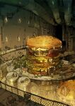  arrow_(symbol) burger can commentary_request creature cross-section demizu_posuka drinking_straw english_text fence food gears ladder original oversized_food pipes plate restaurant sign soda_can table walkway wide_shot wire_fence 