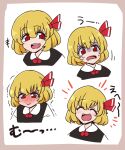  1girl :&gt; ^_^ bangs black_vest blonde_hair blush border bow closed_eyes closed_mouth collared_shirt commentary_request eyebrows_visible_through_hair eyelashes fangs gleam hair_bow happy laughing long_sleeves multiple_views open_mouth red_bow red_eyes red_neckwear ribbon rumia shio_(futatsumami) shirt short_hair simple_background standing surprised sweatdrop tearing_up teeth touhou trembling upper_teeth vest white_background white_shirt wing_collar 