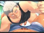 2boys bar_censor bara black_tank_top blue_shorts blush bottomless censored commentary_request cum cum_in_clothes dark-skinned_male dark_skin erection foreshortening foreskin haikyuu!! imminent_anal imminent_penetration incoming_attack incoming_punch locker locker_room looking_at_viewer lying male_focus male_pubic_hair motion_blur motion_lines multiple_boys muscular muscular_male naked_shirt nipple_slip nipples on_back pectorals penis penis_peek pout pubic_hair punching shirt short_hair shorts sideburns sidepec spiked_hair sweat taker_pov tank_top tepen_(tptptpn) textless thick_thighs thighs yaoi 
