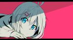  1girl antenna_hair bangs blue_eyes cat_hair_ornament choco_(chocovix112) dennou_shoujo_youtuber_siro eyebrows_visible_through_hair hair_between_eyes hair_ornament hand_up highres letterboxed long_sleeves looking_at_viewer lying monochrome on_stomach parted_lips pink_background siro_(dennou_shoujo_youtuber_siro) sleeves_past_wrists solo virtual_youtuber 