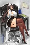  1girl absurdres ass bangs black_hair blush bow breasts chair crossed_legs curvy desk doctor full_body garter_straps glasses gurimjang hair_between_eyes hair_bow high_heels high_ponytail highres huge_breasts indoors labcoat long_hair looking_at_viewer miniskirt office_chair original pen pencil_skirt red_eyes skirt smile solo thick_thighs thighhighs thighs very_long_hair white_bow 