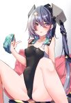  1girl aqua_headwear black_ribbon black_swimsuit breasts competition_swimsuit feet_out_of_frame garrison_cap gradient gradient_background grey_eyes grey_hair hair_ornament hair_ribbon hat hat_removed headwear_removed highleg highleg_swimsuit highres kantai_collection komb long_hair looking_at_viewer one-piece_swimsuit pillow ribbon scamp_(kancolle) side_ponytail sitting small_breasts solo spread_legs star_(symbol) star_hair_ornament swimsuit tongue tongue_out torn_clothes torn_swimsuit white_background 