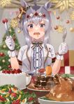  1girl absurdres ahoge animal_ears bangs bell blue_eyes cake carrot chicken_(food) christmas christmas_ornaments christmas_tree drooling ear_ornament egg eyebrows_visible_through_hair food fork fruit gloves hair_bell hair_ornament haru_yu highres holding holding_fork holding_knife horse_ears horse_girl indoors knife long_hair mouth_drool oguri_cap_(umamusume) open_mouth salad silver_hair solo steak strawberry umamusume white_gloves 