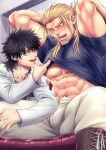  2boys abs arms_behind_head bara blonde_hair blush bulge bulge_press clothes_lift cover cover_page covered_nipples cross-laced_footwear doujin_cover facial_hair feet_out_of_frame glasses goatee highres labcoat large_pectorals lifted_by_another long_hair male_focus mature_male medium_hair multiple_boys muscular muscular_male navel nipples open_fly original pants pectorals shirt shirt_lift size_difference spread_legs stomach sweat tearing_up textless thick_thighs thighs tight tight_pants tight_shirt underpec white_pants yaoi yomotsuki_road 
