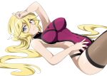  1girl arm_up blonde_hair blue_eyes breasts carol_malus_dienheim covered_navel emmxd325 highres large_breasts long_hair looking_at_viewer lying mole mole_under_eye older on_back senki_zesshou_symphogear shiny shiny_hair shiny_skin side_cutout sideless_outfit simple_background smile solo thighhighs white_background 