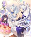  1girl absurdres baek_hyang bare_back bare_shoulders birthday birthday_cake blue_eyes breasts cake character_doll cleavage dress earrings food frilled_skirt frills gloves hair_ornament highres honkai_(series) honkai_impact_3rd jewelry kiana_kaslana kiana_kaslana_(herrscher_of_flamescion) long_hair looking_at_viewer open_mouth ponytail raiden_mei raiden_mei_(herrscher_of_thunder) ribbon skirt smile thighhighs white_hair 