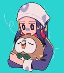  1girl akari_(pokemon) black_eyes black_hair bright_pupils cold commentary_request green_background head_scarf highres holding holding_pokemon jacket long_hair open_mouth pokemon pokemon_(creature) pokemon_(game) pokemon_legends:_arceus red_scarf rowlet scarf sidelocks simple_background trembling tyako_089 white_headwear white_pupils 