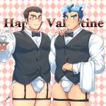  2boys alternate_costume bara black_bow black_bowtie black_vest blue_eyes blue_fire blue_hair blush bow bowtie brown_hair bulge butler collared_shirt cup feet_out_of_frame fiery_hair fire forked_eyebrows formal hand_on_another&#039;s_shoulder happy_valentine highres holding holding_cup leg_garter long_sideburns looking_at_viewer male_focus male_underwear multiple_boys muscular muscular_male pectorals rimless_eyewear scar scar_on_cheek scar_on_face shiro_(housamo) shirt short_hair sideburns skindentation smile take_your_pick tepen_(tptptpn) thick_eyebrows thick_thighs thighs toji_(housamo) tokyo_afterschool_summoners undershirt underwear vest white_male_underwear 