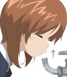  1girl brown_hair closed_eyes faucet girls_und_panzer henyaan_(oreizm) highres nishizumi_miho ooarai_military_uniform open_mouth school_uniform sexually_suggestive short_hair simple_background solo white_background 