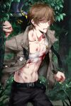 1boy abs absurdres animal bandages bangs bird blood blood_on_bandages blood_on_face brown_eyes brown_hair devil_heavens highres jacket jewelry jungle key leaf looking_at_viewer luke_pearce_(tears_of_themis) nature necklace open_clothes open_jacket outdoors ryona short_hair solo tears_of_themis tree 
