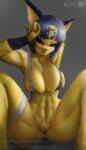  absurd_res animal_crossing ankha_(animal_crossing) ankha_zone anthro barely_visible_genitalia barely_visible_pussy big_breasts big_butt blue_hair breasts butt clothing digital_media_(artwork) eyebrows eyelashes feet female genitals gesture hair hands_behind_head hi_res looking_at_viewer muscular muscular_female navel nintendo nipples non-mammal_breasts non-mammal_nipples nx147 pose pussy shaded slip solo teeth thick_thighs toes tomboy video_games wide_hips 