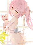  1girl ass bangs blush butt_crack doll hair_ribbon highres himekuma_ribon long_hair naked_ribbon nude pink_hair plant re:act ribbon solo toroi_jd virtual_youtuber 