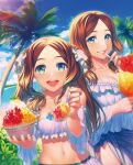  2girls absurdres bikini breasts fate/grand_order fate_(series) fruit_cup highres large_breasts leonardo_da_vinci_(fate) leonardo_da_vinci_(swimsuit_ruler)_(fate) looking_at_viewer multiple_girls ocean official_art palm_tree resized simosi small_breasts source_request sunlight swimsuit tree upscaled white_bikini 