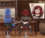  !? 2girls alcohol back bar_stool bare_shoulders barrel beer_mug blue_eyes blue_slime blush boots breasts brown_hair butt_crack commentary_request cup eyebrows_visible_through_hair full_body groping heart highres ichika_(ichika_manga) kitchen_knife large_breasts long_hair medium_hair monster_girl mug multiple_girls multiple_views open_mouth original see-through shelf shorts sitting slime_girl speech_bubble spoken_heart stool surprised sweat tail tongue yuri 