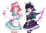  2girls absurdres animal_ears annie_(league_of_legends) apron backpack bag bangs black_hair blush bow bowtie buttons cafe_cuties_annie cat_ears cherry cowboy_shot cross cross_earrings cupcake double-breasted dress dual_persona earrings eyebrows_visible_through_hair fake_animal_ears fire food frilled_dress frills fruit goth_annie gothic green_dress gummy_bear gummy_bear_earrings hair_bow hands_up highres jewelry laon layered_dress layered_sleeves league_of_legends long_sleeves magic medium_hair multiple_girls official_alternate_costume pantyhose parted_lips pink_bow pink_bowtie pink_hair purple_eyes shiny shiny_hair short_over_long_sleeves short_sleeves smile striped striped_legwear waist_apron white_bow white_legwear 