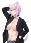  1girl agnamore ahoge animal_ears areolae arm_up bangs black_jacket breasts cat_ears cat_tail cleavage collar fang hand_in_pocket hololive jacket lipstick long_sleeves makeup nekomata_okayu no_shirt o-ring open_clothes open_jacket open_pants pants purple_eyes purple_hair ribs short_hair solo tail unzipped upper_body virtual_youtuber 