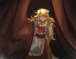  1girl ankake_teke blonde_hair blue_shirt bow brown_skirt closed_eyes curtains dress hair_between_eyes long_hair nijisanji otogibara_era red_bow shirt skirt smile solo v 