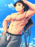  1boy abs armpit_hair armpits bara bulge erection erection_under_clothes grey_pants haikyuu!! highres long_sideburns male_focus muscular muscular_male navel navel_hair nipples pants pectorals sawamura_daichi short_hair sideburns solo stomach sweat tepen_(tptptpn) thick_thighs thighs topless_male track_pants wiping_sweat 